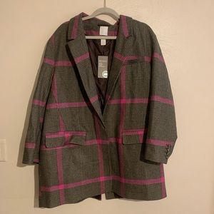 NEW H&M Wool Blend Plaid Blazer Trench Coat Outerwear Jacket Brown Pink XL NWT